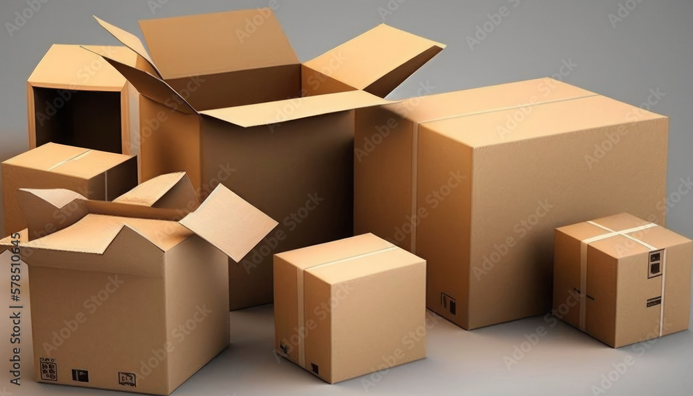 several open and closed cardboard boxes in front of a gray background, created with generative ai tools several open and closed cardboard boxes in front of a gray background, created with generative ai tools