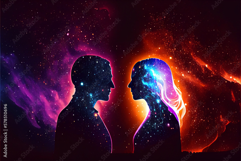 Space woman and a man on a blue starry universe background. Abstract ...