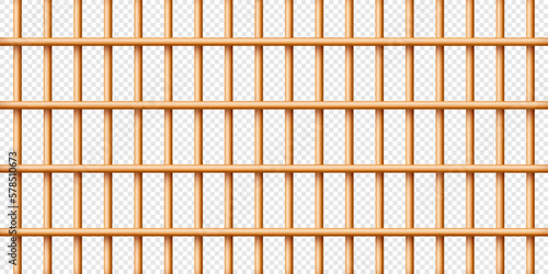 Realistic wooden lattice, rural picket fence. Farm or village house boundary, garden enclosing planks. Detailed wooden jail cage. Criminal background mockup. Creative vector illustration