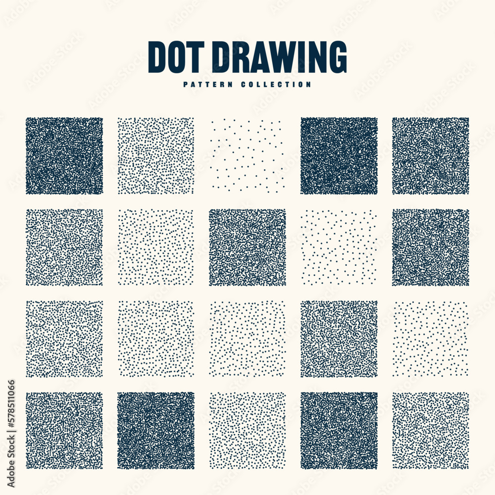 Square shaped dotted objects, vintage stipple elements. Stippling, dotwork drawing, shading using dots. Halftone effect. White noise grainy texture, pattern. Vector illustration