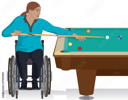 para sports paralympics snooker or billiards female in wheelchair aiming at ball with cue stick isolated on white background