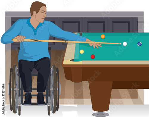 para sports paralympics snooker or billiards male in wheelchair aiming at ball with cue stick with background