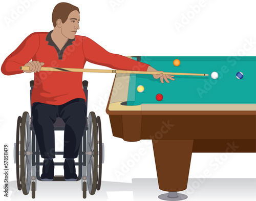 para sports paralympics snooker or billiards male in wheelchair aiming at ball with cue stick isolated on white background