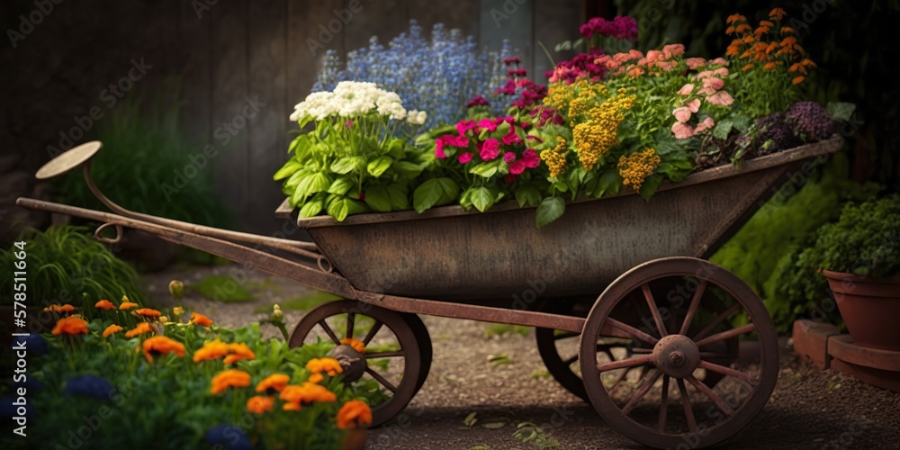 Beautiful old fashioned wheelbarrow filled with an abundance of fresh produce and colorful flowers in a cottage garden, concept of Vintage and Country Charm, created with Generative AI technology