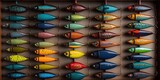 Array of custom made fishing lures each one unique and designed to attract specific types of fish, concept of Multiple Colors and Assorted Shapes, created with Generative AI technology