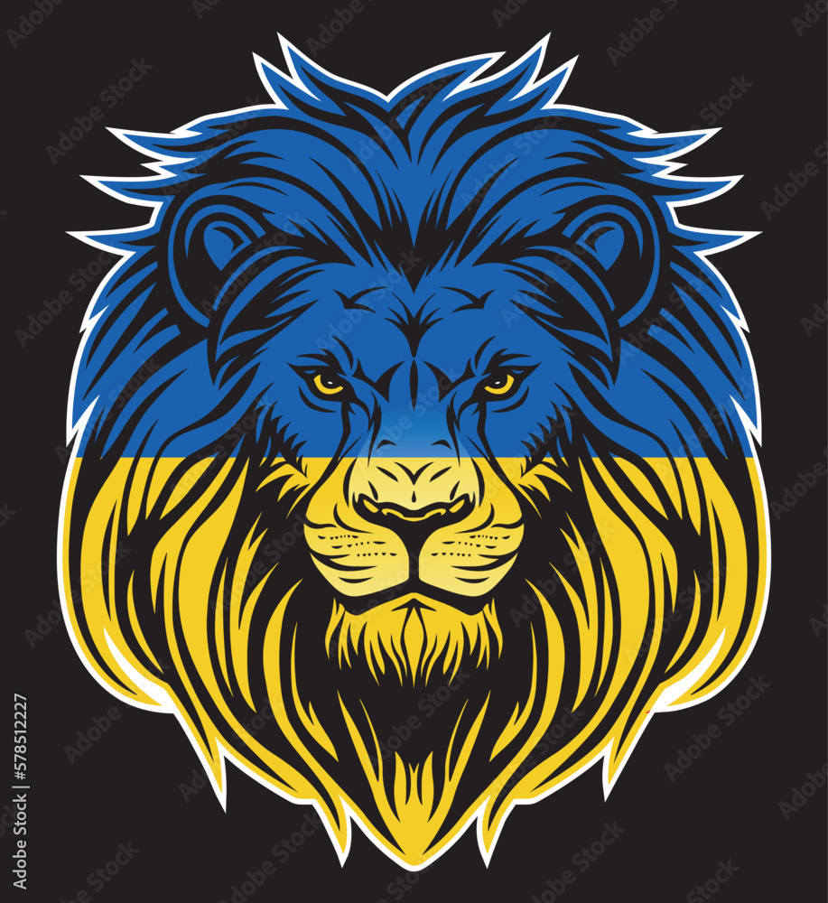 Lion head and ukraine flag front view eps vector art image illustration. Lion face and ukrainian blue and yellow flag with mane hair logo design and sticker graphic. Lion head and ukraine flag front view eps vector art image illustration. Lion face and ukrainian blue and yellow flag with mane hair logo design and sticker graphic.