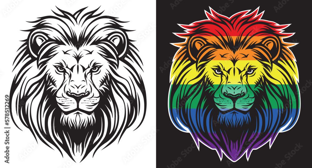 Lion face and rainbow lmbtq flag front view eps vector art image illustration. Lion head and rainbow lmbt flag with mane hair logo design and sticker graphic. Lion face and rainbow lmbtq flag front view eps vector art image illustration. Lion head and rainbow lmbt flag with mane hair logo design and sticker graphic.