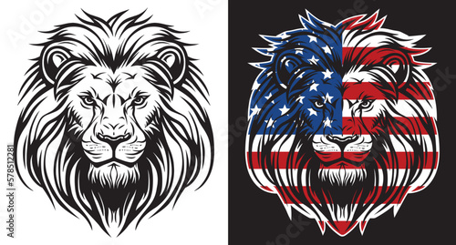 Lion head and american flag front view eps vector art image illustration. Lion head and american flag with mane hair logo design and sticker graphic.