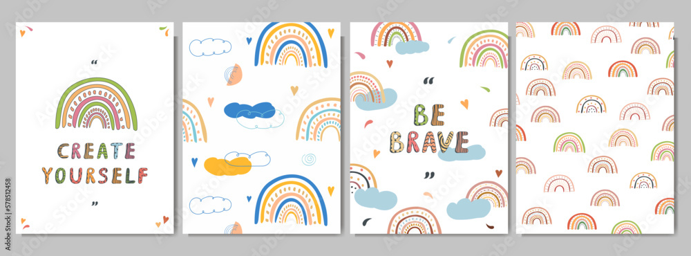 Vector illustration. Trendy rainbows contemporary style in bright color. Children illustrations. Doodle art elements for design poster, postcard, layout, magazine, book cover. Landscape sky concept