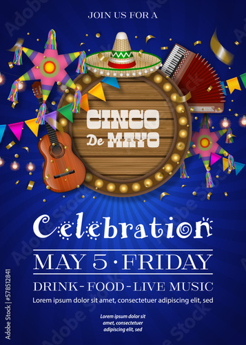 Cinco de Mayo poster with mexican symbols and wooden signboard. Cinco de Mayo flyer with musical instruments and star pinatas
