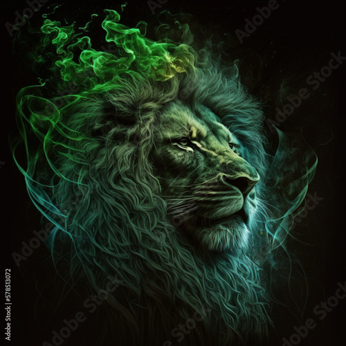 lion head with green fire hair