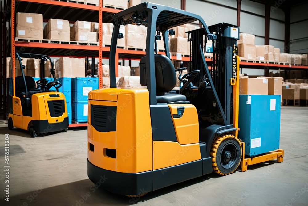 3D rendering of a forklift in the big warehouse, detailed realistic illustration