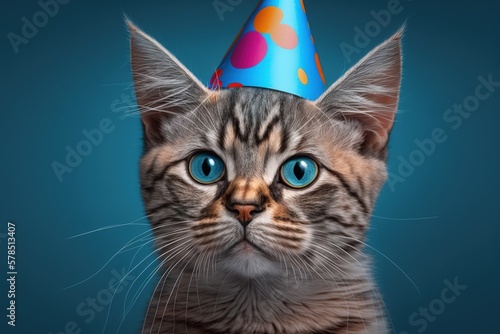 Cat with birthday hat  kitty birthday  isolated on blue background  Generative AI
