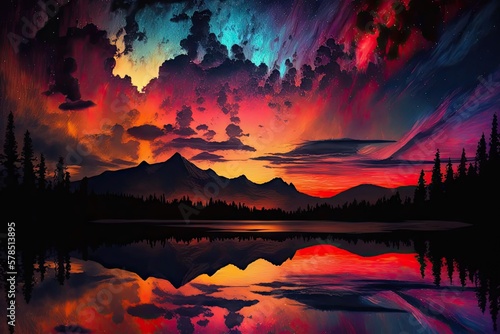 Mystic Horizons Ablaze with Colourful Night Skies and Cascade Sunsets Generative AI