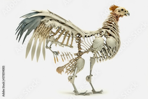 Chicken skeleton on white background with blue feathers on the tail