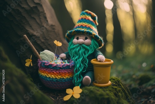 Crocheted Leprechaun with Blue Beard sitting next to yarn -- created using generative ai