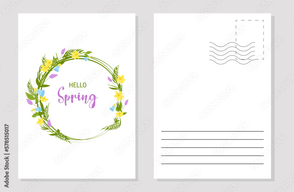 The layout of the spring postcard.Template. Vertical. Vector flat illustration.