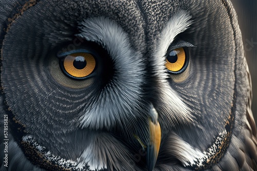 Close up owl face, great grey owl, realistic 3d render portrait 