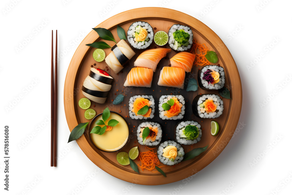 Japanese seafood sushi and maki on wooden plate Top view, White isolated background. Generative AI Japanese seafood sushi and maki on wooden plate Top view, White isolated background. Generative AI