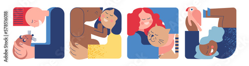 Scenes with pet owners. Set of cute funny man and woman spending time with their domestic animals. People with cat, dog, rat, bird. Simple geometric sketch. Flat cartoon vector illustration