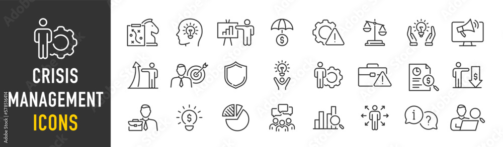 Crisis management web icon set in line style. Management, risk, business strategy, feedback, assessment, protection, crisis, collection. Vector illustration. - obrazy, fototapety, plakaty 