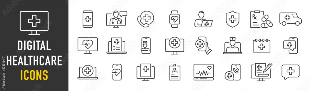 Digital Healthcare web icon set in line style. Online consultation, medical app, results, doctor appointment, health, lifestyle, collection. Vector illustration. - obrazy, fototapety, plakaty 