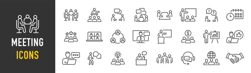 Meeting web icon set in line style. Conference, team, brainstorm, seminar, interview, collection. Vector illustration.