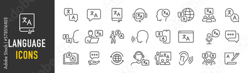 Language web icon set in line style. Language translation, linguistics, speaking, dictionary, listening skills, writing, translate, collection. Vector illustration.