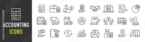 Accounting web icon in line style. Assessment, calculator, check mark, auditing, inspection, investment, calculation, analytics, collection. Vector illustration.