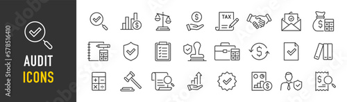 Audit web icon in line style. Assessment, calculator, check mark, auditing, inspection, investment, calculation, analytics, collection. Vector illustration.