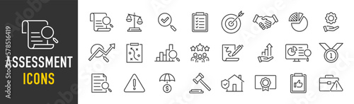 Assessment web icon in line style. Calculator, check mark, auditing, inspection, investment, calculation, analytics, collection. Vector illustration.