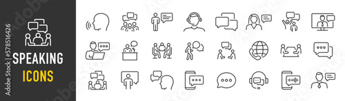 Speaking web icon in line style. Chat, speech bubble, talking, point, chat, support, message, phone, globe, call, info collection. Vector illustration.