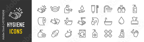 Hygiene web icon set in line style. Cleaning, washing hands, shower, seminar, soap, respiratory mask, antiseptic, clean, collection. Vector illustration.
