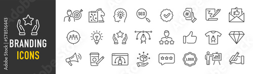 Branding web icon set in line style. Digital marketing, product, logo, idea, brand, collaboration, social media, target audience, promotion, collection. Vector illustration.