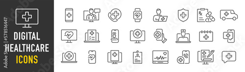Fényképezés Digital Healthcare web icon set in line style