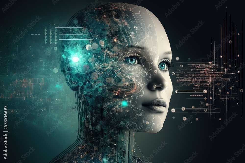 Female digital face, realistic 3d render of human robot. Generative AI. Female digital face, realistic 3d render of human robot. Generative AI.
