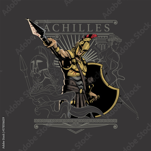 Achilles taunting Hector to a duel, behind him there are Athena and Apollo as background, poster illustration.