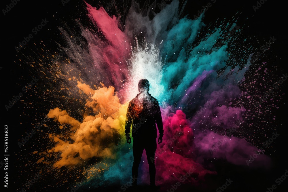 3d rendering of colored explosion of powder on a man silhouette on black background. Generative AI.