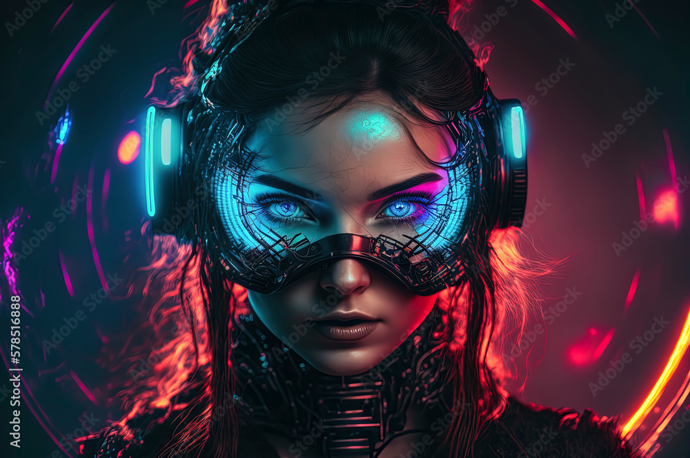 Portrait of a beautiful young woman using a vr headset with neon lights in background AI-Generated Portrait of a beautiful young woman using a vr headset with neon lights in background AI-Generated
