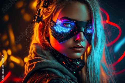Portrait of a beautiful young woman using a vr headset with neon lights in background AI-Generated © Fernando
