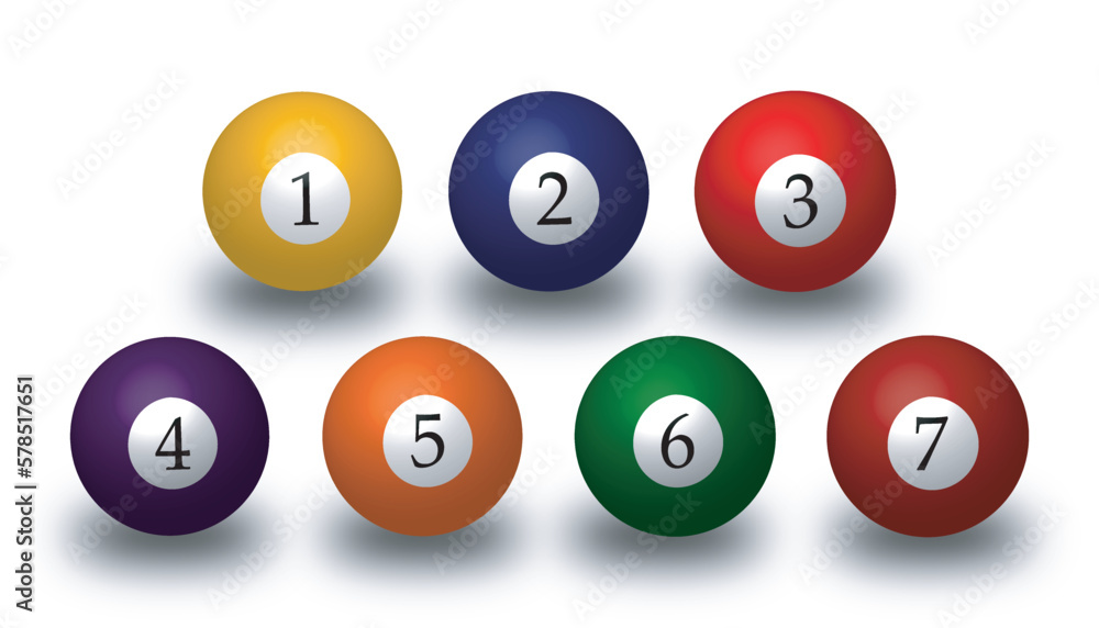 Solid pool ball icons collection isolated on white background, realistic set of 3d solid glossy billiard balls with shadow, poll balls from number one to seven. Vector illustration Solid pool ball icons collection isolated on white background, realistic set of 3d solid glossy billiard balls with shadow, poll balls from number one to seven. Vector illustration