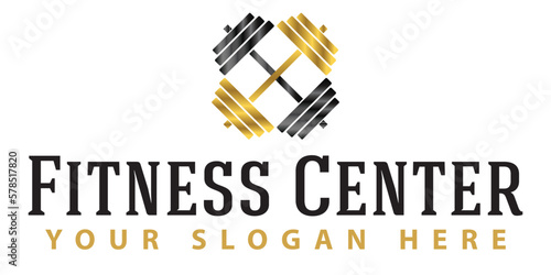 Classic fitness logo. Two barbells in rich gold and black colors. Fitness center icon isolated on white background