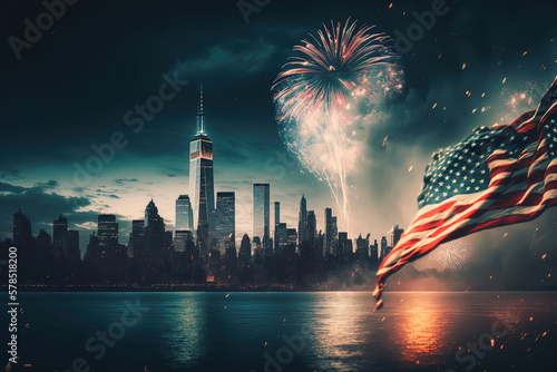 an american flag and firerworks in new york city