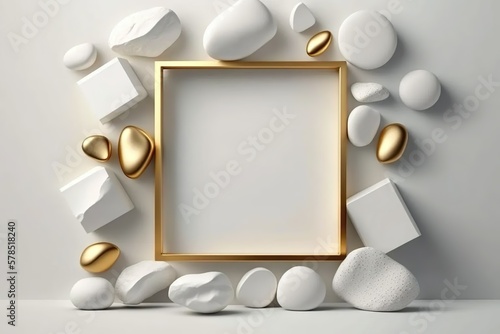fond blanc abstrait avec des pierres de craie en lévitation, des roches avec un cadre carré doré, un fond d'écran minimaliste esthétique photo