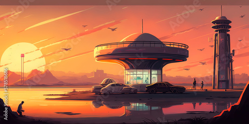 A sci-fi take on the classic American diner: Sunset cafe on a retro-futuristic island in the style of a 50's illustration!