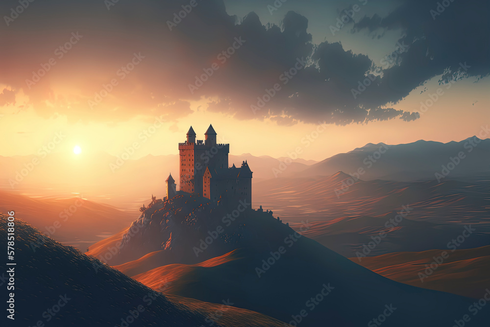 Obraz premium An epic fantasy landscape with a glowing sky at dawn, creating a dramatic contrast with the dark scenery