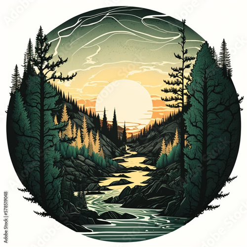 Forest Against Sunset Print Clip Art on White Background - Generative A.I. Art