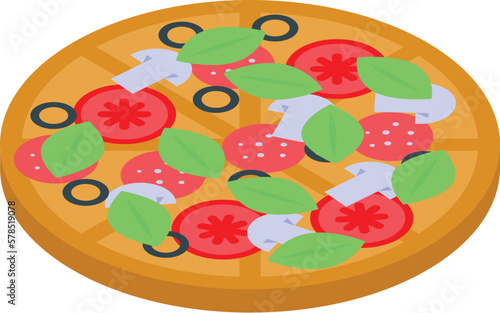 Pizza with basil icon isometric vector. Fresh herb. Natural food