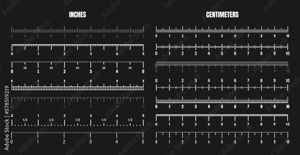 Realistic white centimeter and inch scale for measuring length or height. Various measurement scales with divisions. Ruler, tape measure marks, size indicators. Vector illustration - obrazy, fototapety, plakaty 