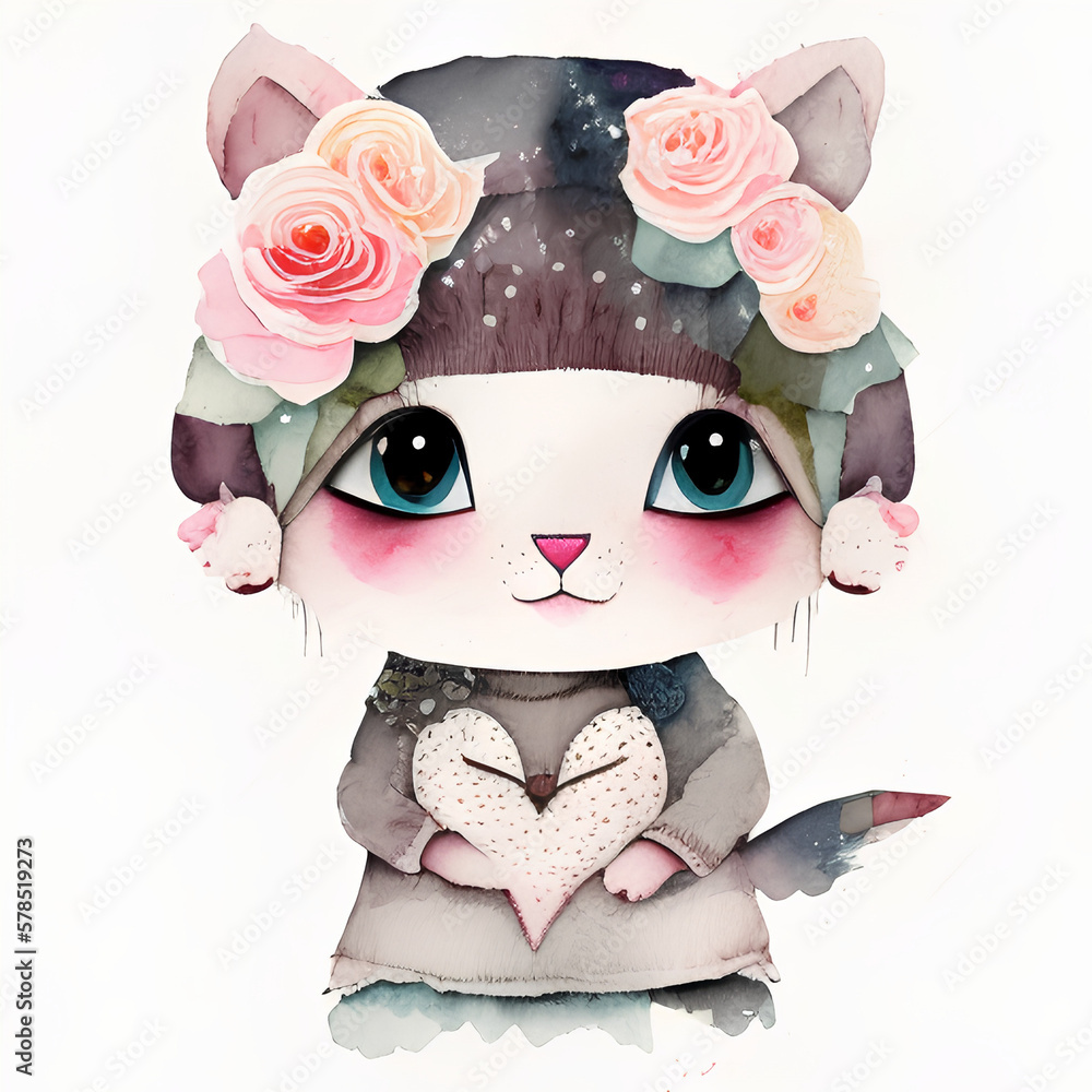Obraz premium The cat holds a heart in his hand, painted in watercolor on a white background. generative AI